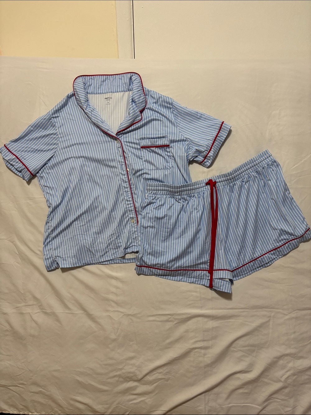 GAP Light Blue & White Striped Short Pajama Set with Red Trim